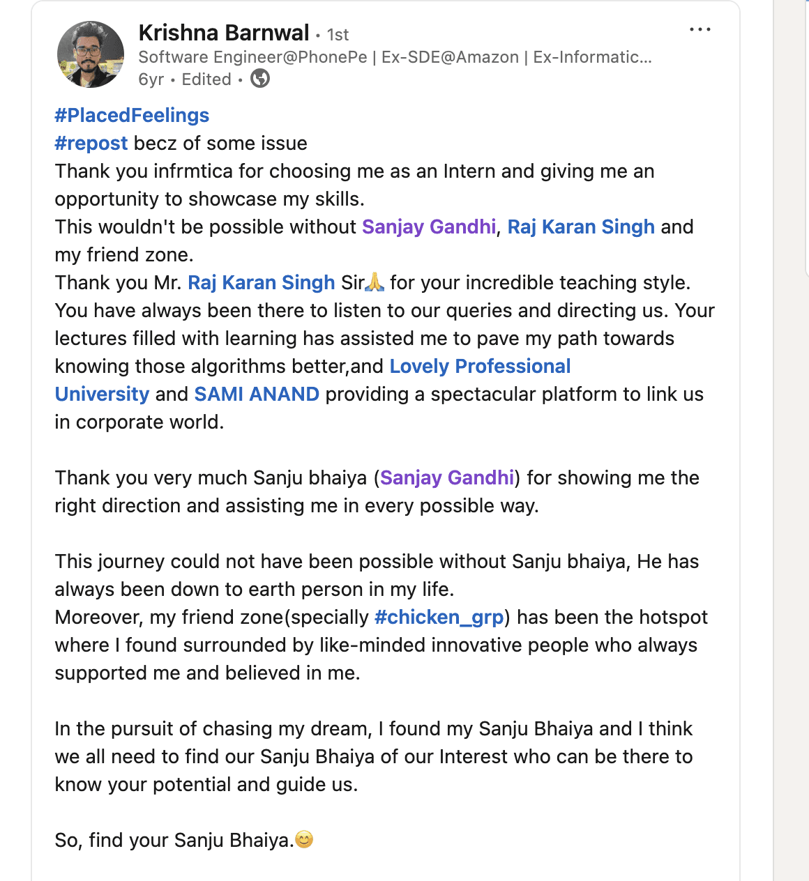 Krishna Barnwal’s LinkedIn post describing Sanjay Gandhi as a down-to-earth mentor who showed him the right direction, recognised his potential, and helped him throughout his placement journey.